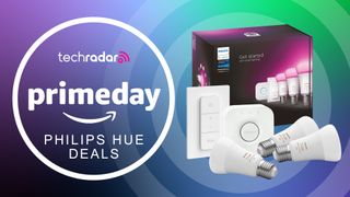 Philips Hue starter kit on blue and green background with white text reading 'TechRadar Prime Day Philips Hue Deals'