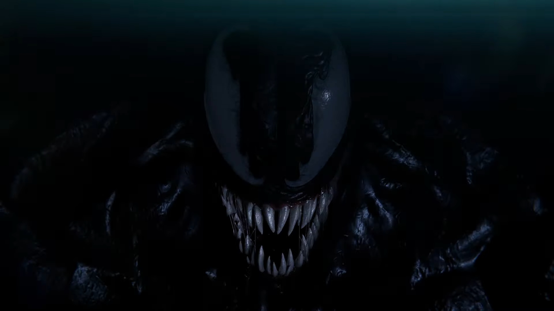 A screenshot from the Marvel's Spider-Man 2 trailer showing a close-up of Venom