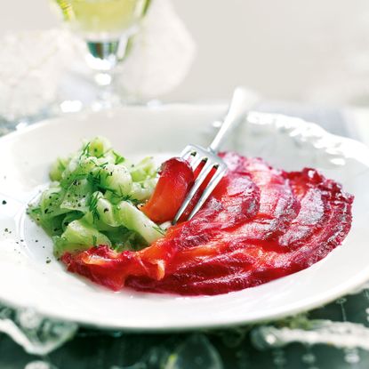 Beetroot and Vodka-Cured Salmon with Pickled Cucumber Salad Recipe-new recipes-woman and home