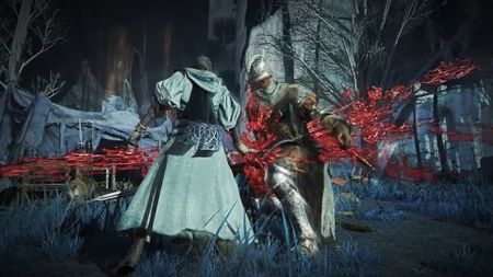 Elden Ring Nightreign Scholar impaling Knight with thrusting sword right in the dick with loads of blood coming out