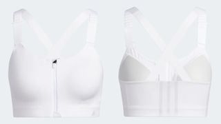 Two images of a white zip-up sports bra from Adidas, one of the best high impact sports bras.