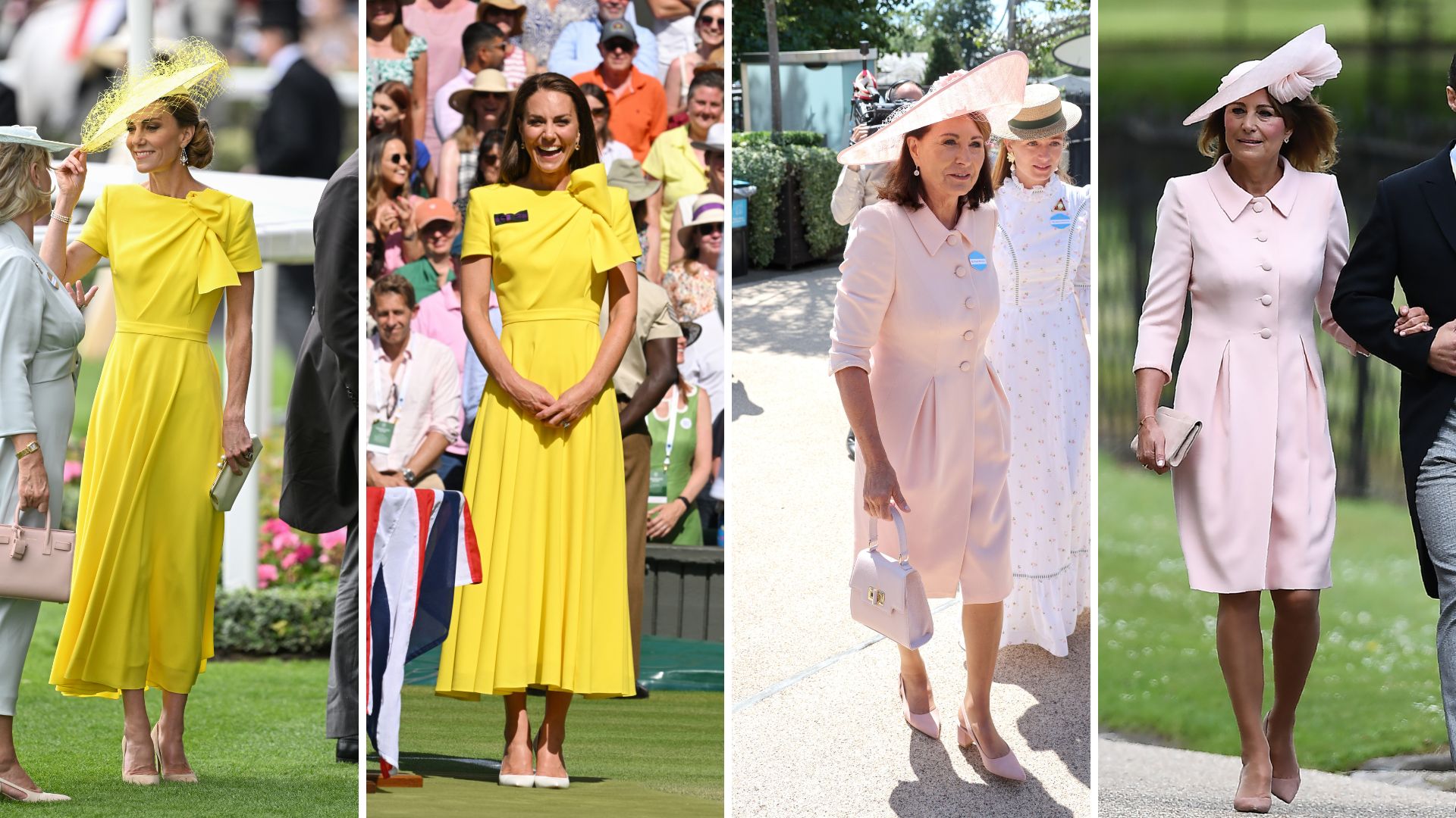 A composite of pictures of Kate Middleton at Ascot in 2026, at Wimbledon in 2022, Carole Middleton at Ascot 2026 and at Pippa's wedding in 2017