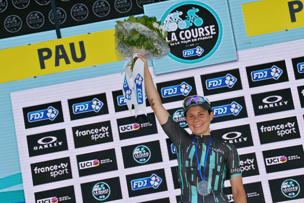 PAU FRANCE JULY 19 Podium Elise Chabbey of Switzerland and Bigla Pro Cycling Team Best Climber Celebration during the 6th La Course 2019 by Le Tour de France a 121km stage from Pau to Pau TDF LaCourse LaCoursebyTDF on July 19 2019 in Pau France Photo by Tim de WaeleGetty Images