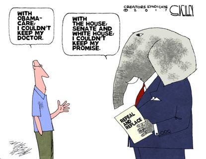 Political cartoon U.S. GOP health-care bill Obamacare promise