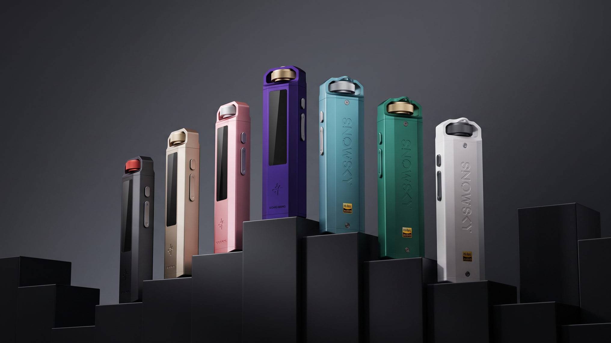 A row of FiiO Echo Nano on a black pedestal.