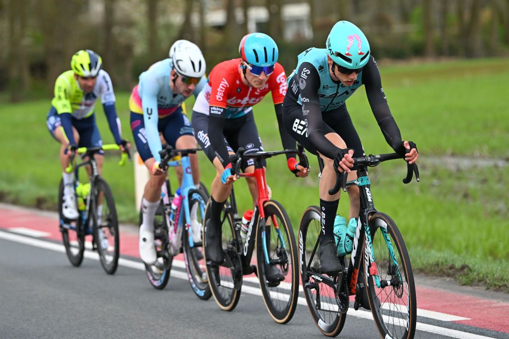 SCHOTEN BELGIUM APRIL 03 Stijn Appel of The Netherlands and Team BEAT Cycling Club leads the peloton during the 112th Scheldeprijs 2024 Mens Elite a 2053km one day race from Terneuzen to Schoten on April 03 2024 in Schoten Belgium Photo by Luc ClaessenGetty Images