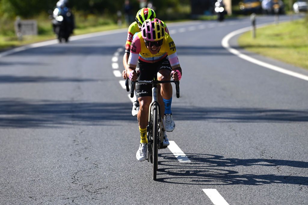 LIMPERTSBERG LUXEMBOURG SEPTEMBER 24 Richard Carapaz of Ecuador and Team EF EducationEasyPost attacks during the 83rd Skoda Tour Luxembourg 2023 Stage 5 a 1722km stage from Mersch to Luxembourg Limpertsberg on September 24 2023 in Limpertsberg Luxembourg Photo by Tim de WaeleGetty Images