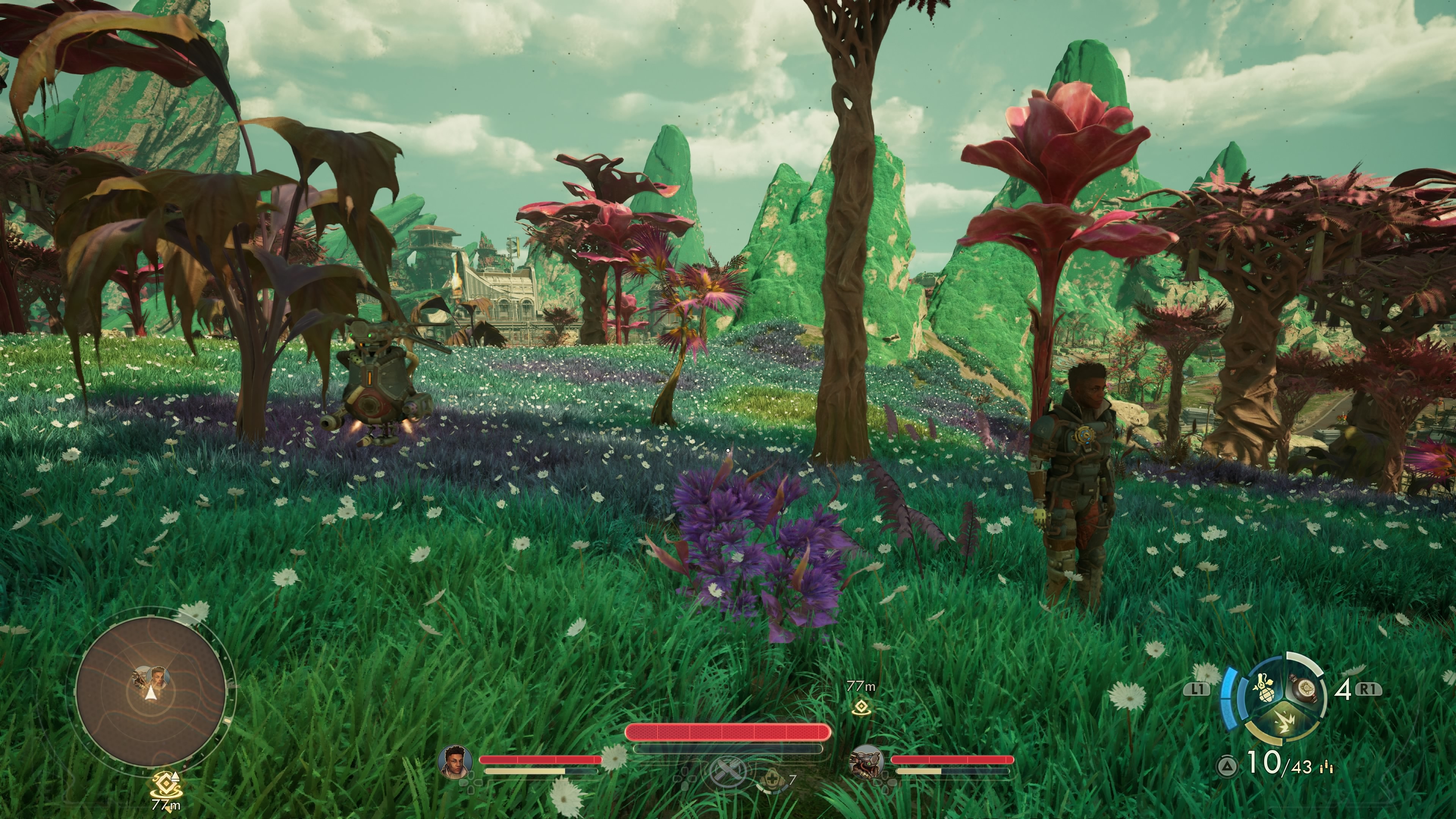 The Outer Worlds 2 screenshot showing a lush alien forest on Paradise Island