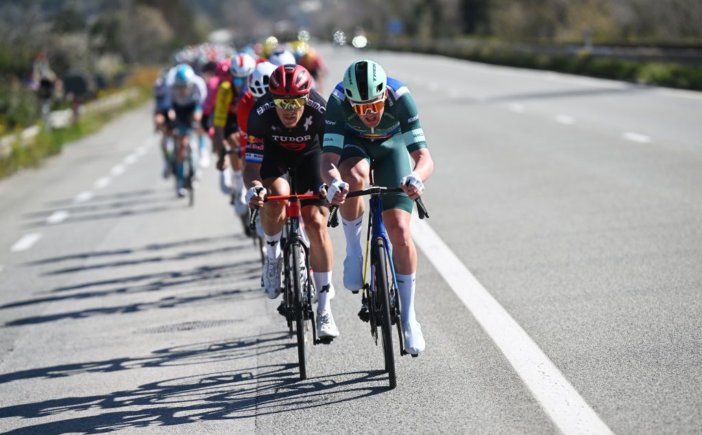 NICE FRANCE MARCH 16 LR Matteo Trentin of Italy and Tudor Pro Cycling Team and Mads Pedersen of Denmark and Team LidlTrek Green points jersey compete curing the 83rd Paris Nice 2025 Stage 8 a 119km stage from Nice to Nice UCIWT on March 16 2025 in Nice France Photo by Dario BelingheriGetty Images