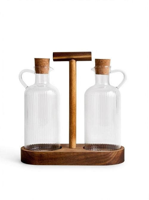 Set of 2 Glass Oil Pourers With Caddy
