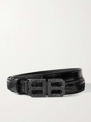 Bb Hourglass Crystal-Embellished Croc-Effect Leather Belt