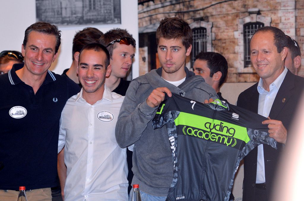 Peter Sagan shows off the Cycling Academy jersey