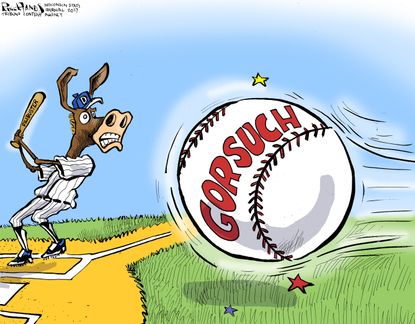 Political Cartoon U.S. Senate Democrat filibuster Gorsuch hearing baseball