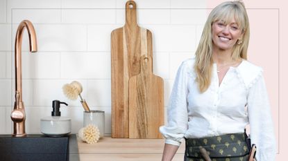 composite of clodagh McKenna and a pair of chopping boards near a sink 