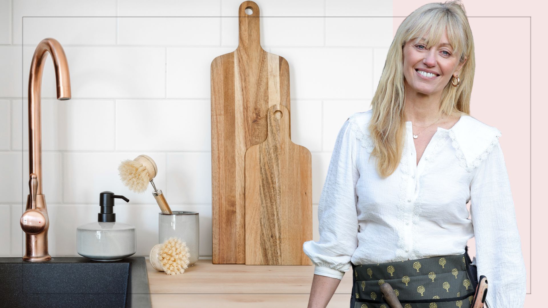 composite of clodagh McKenna and a pair of chopping boards near a sink 