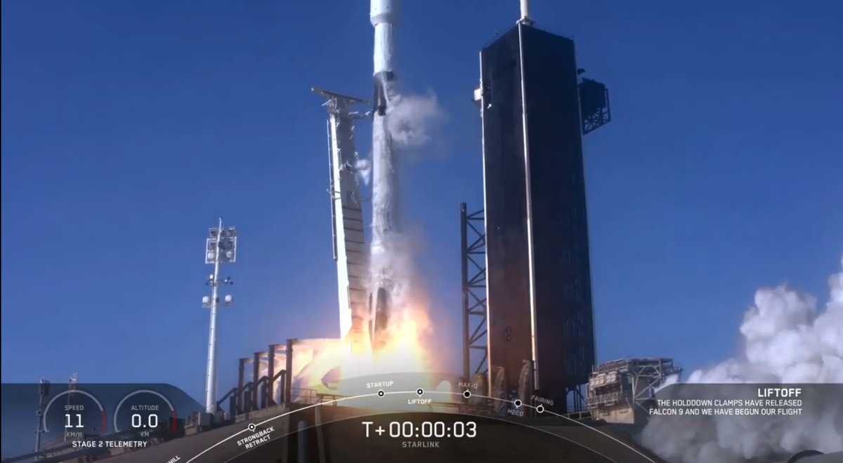 Blastoff of a Falcon 9 rocket carrying 60 SpaceX Starlink satellites on Sept. 3, 2020.