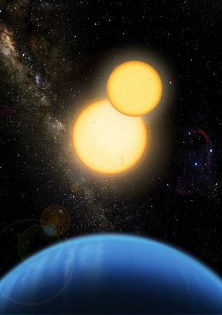 An artist's image of Kepler-35, where a Saturn-size planet orbits a pair of sun-like stars. Such systems could host an exomoon within the habitable zone of the stars.
