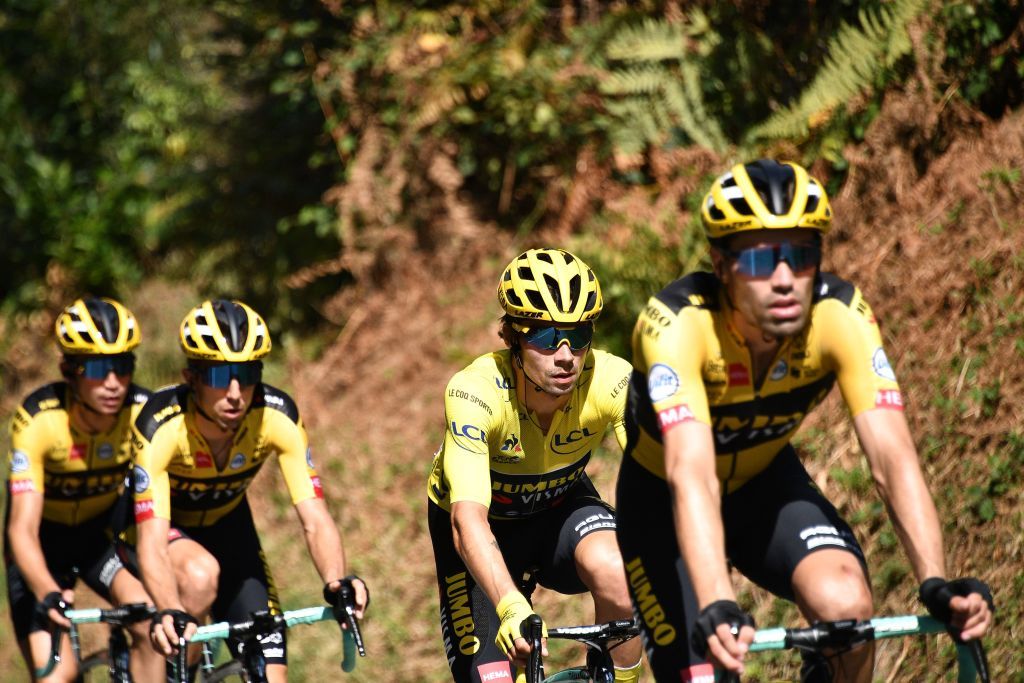 Team Jumbo rider Netherlands Tom Dumoulin 1stR and Team Jumbo rider Slovenias Primoz Roglic wearing the overall leaders yellow jersey ride during the 12th stage of the 107th edition of the Tour de France cycling race 218 km between Chauvigny and Sarran on September 10 2020 Photo by AnneChristine POUJOULAT AFP Photo by ANNECHRISTINE POUJOULATAFP via Getty Images