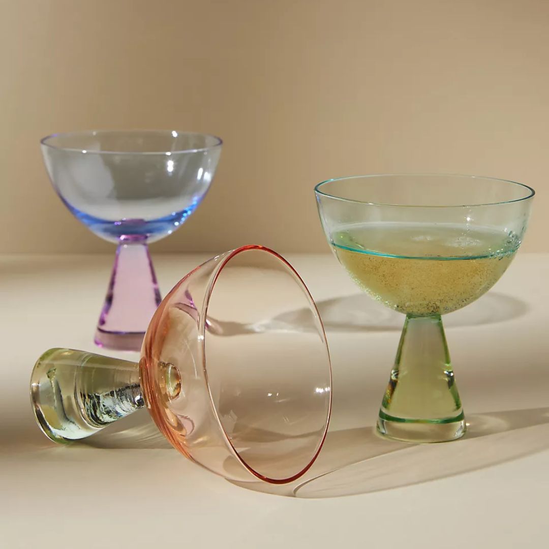 table decor - colourful coupe glasses