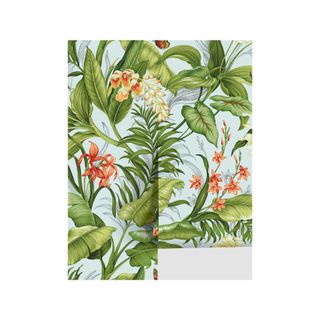 peel and stick nature wallpaper with blue background, green leaves and orange flowers