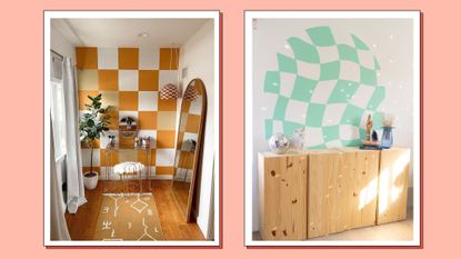 2 examples of Checkerboard walls, one in orange and one in mint, on a pink background