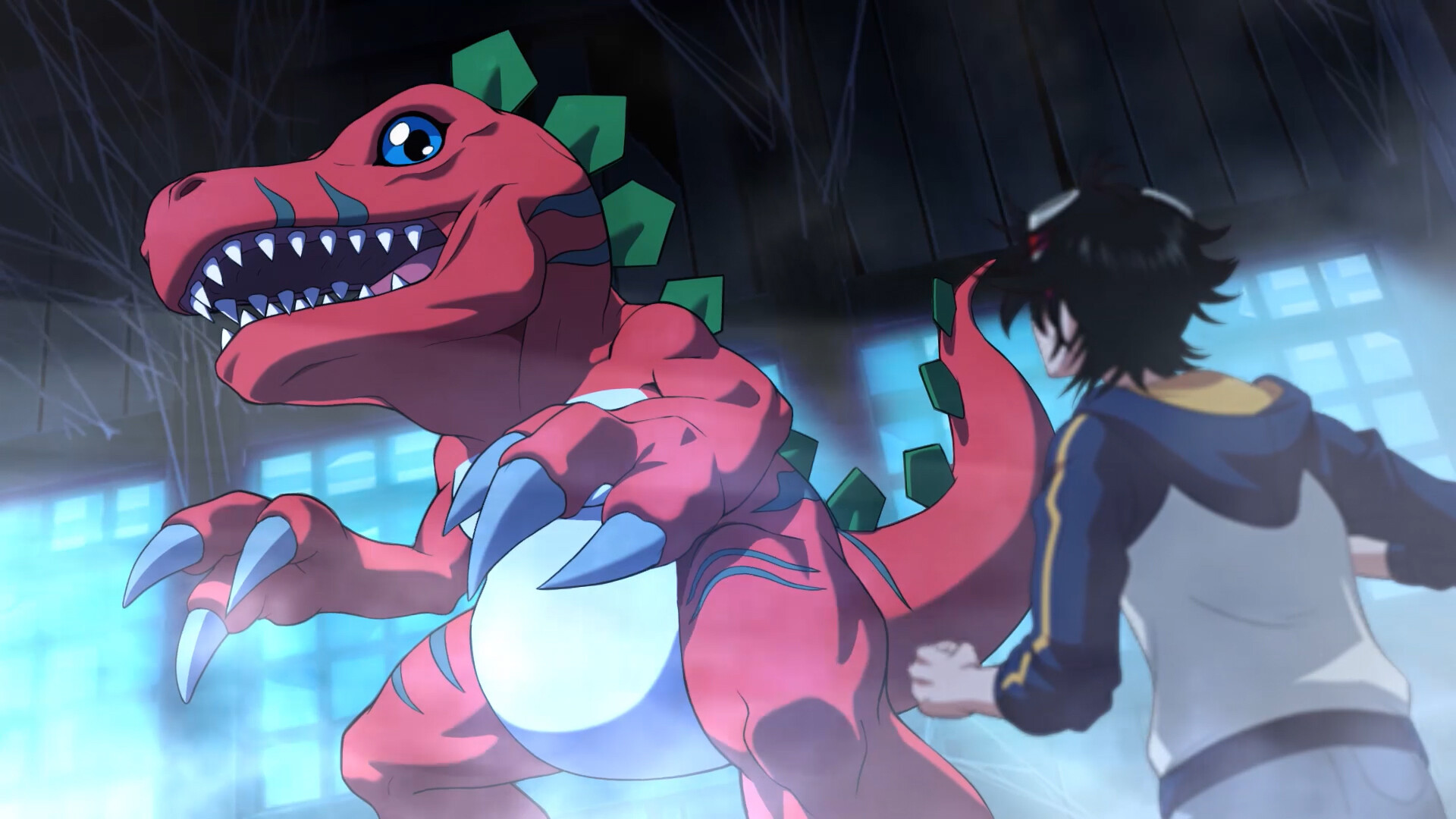 The player looks at Tyranomon in Digimon Survive - a huge red dinosaur creature with green spines
