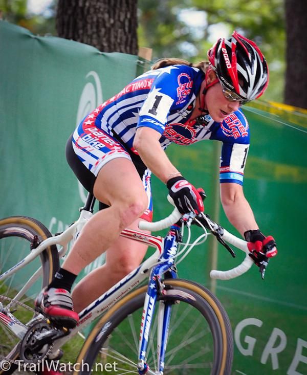 Katie Compton (Planet Bike) descending with about a five second lead.