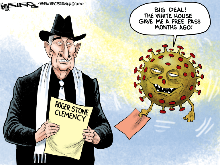 Political Cartoon U.S. Trump Roger Stone commutation coronavirus