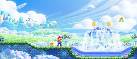 Super Mario staring at the Flower Kingdom in amazement in Super Mario Bros. Wonder