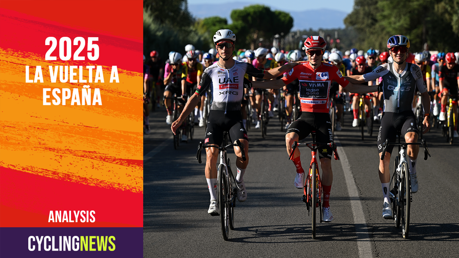 Vuelta podium riders with red banner and analysis label
