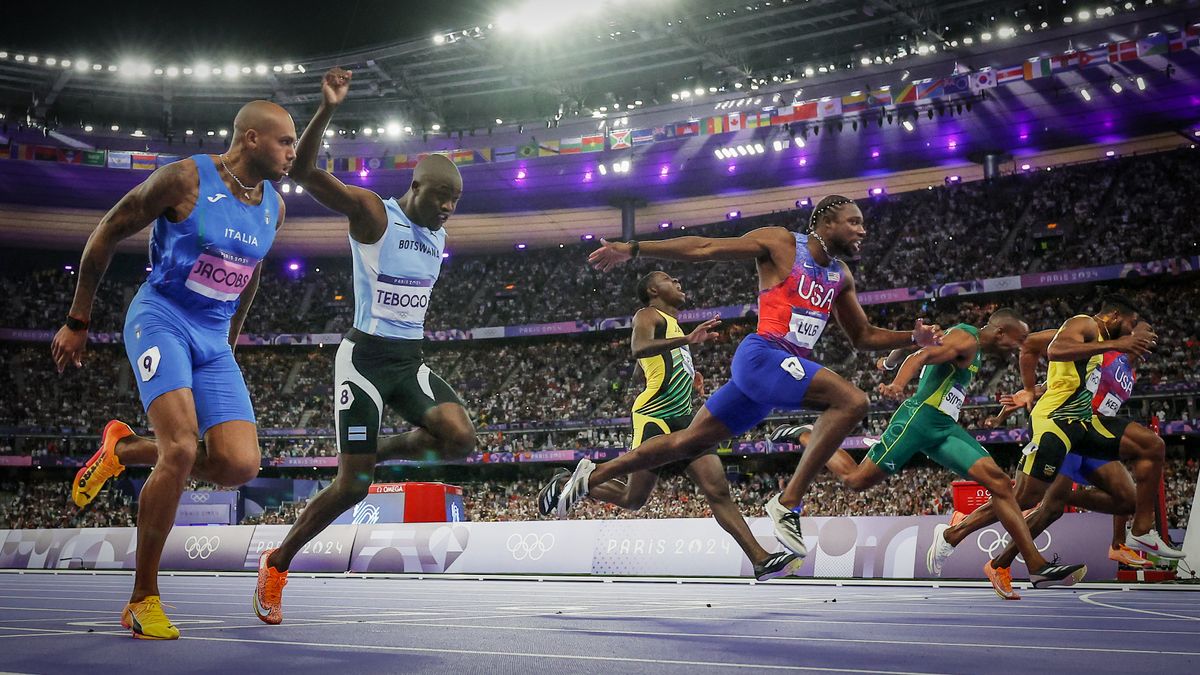 Noah Lyles winning the 100m final at Paris 2024 Olympics