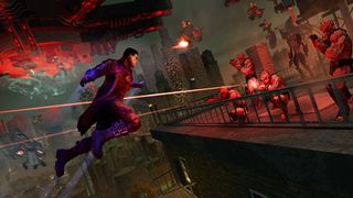 Free Epic Games — In Saints Row IV Reelected, the presidential player character leaps towards combat with a squad of alien soldiers.