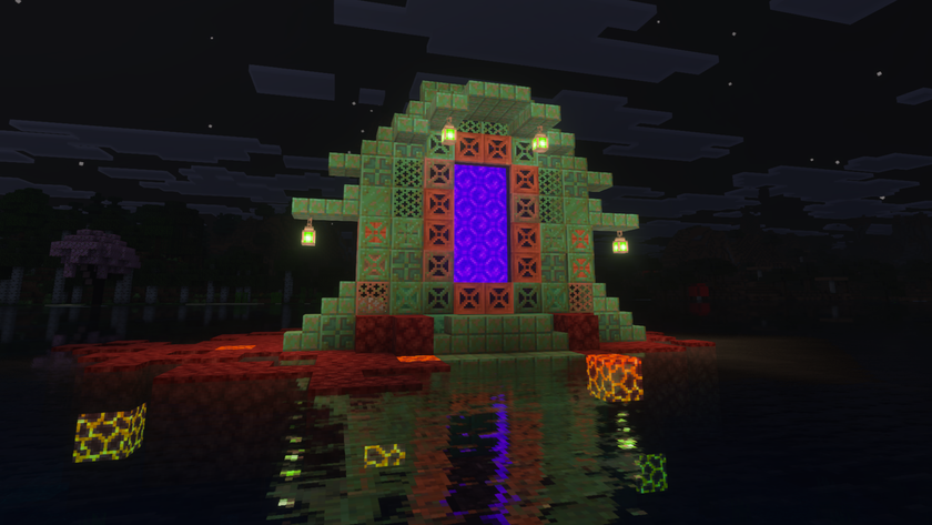 A Nether portal decorated with copper blocks and copper lanterns in Minecraft