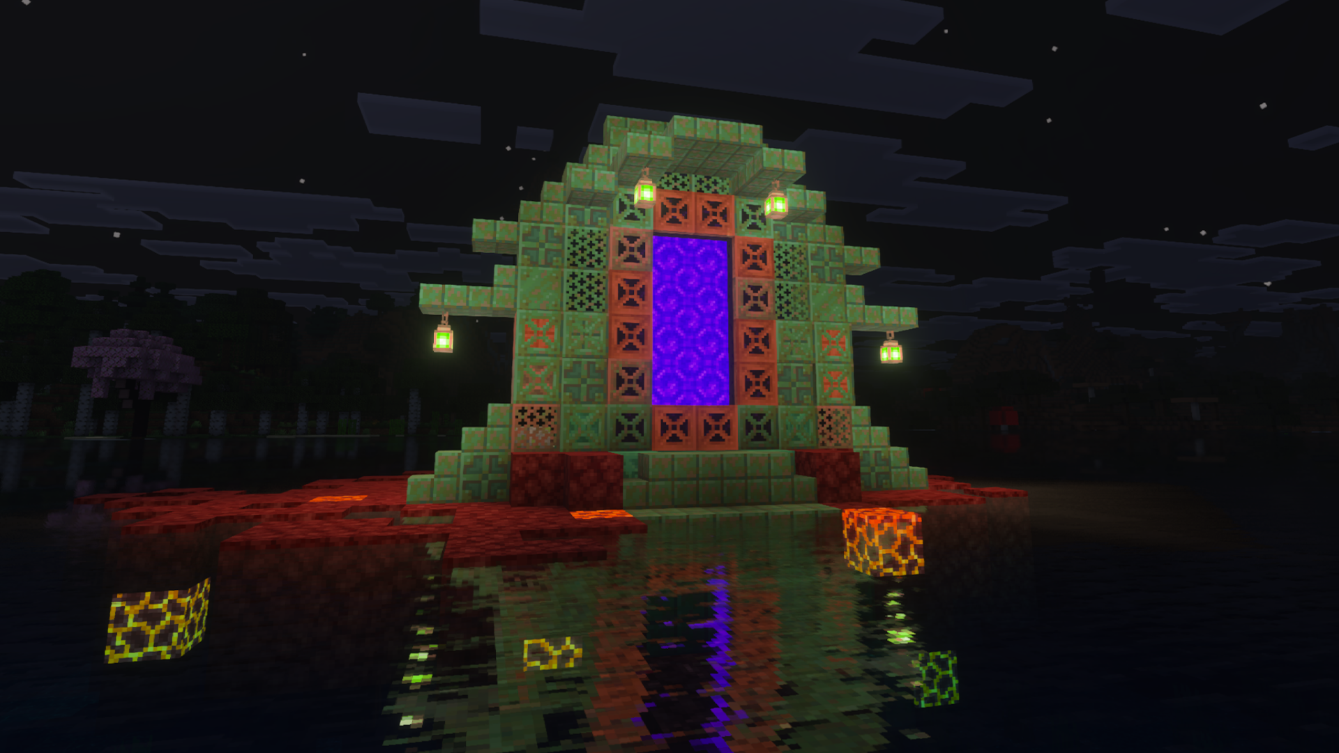 A Nether portal decorated with copper blocks and copper lanterns in Minecraft