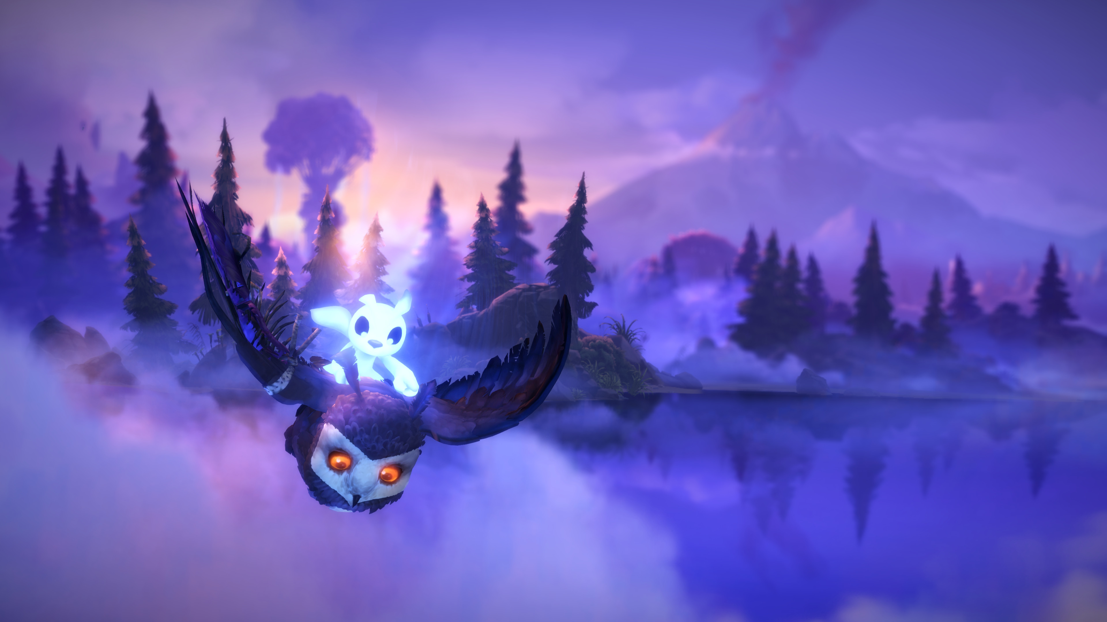 A glowing creature rides an owl in Ori and the Will of the Wisps for Nintendo Switch