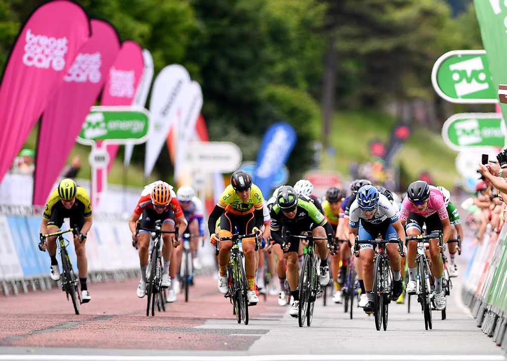 The sprinters bear down on the line during the final stage of the OVO Energy Women's Tour