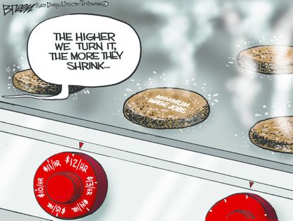 Political cartoon U.S. Minimum wage jobs economy
