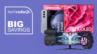 Samsung TVs, earbuds, phones, monitors and vacuums on a purple background