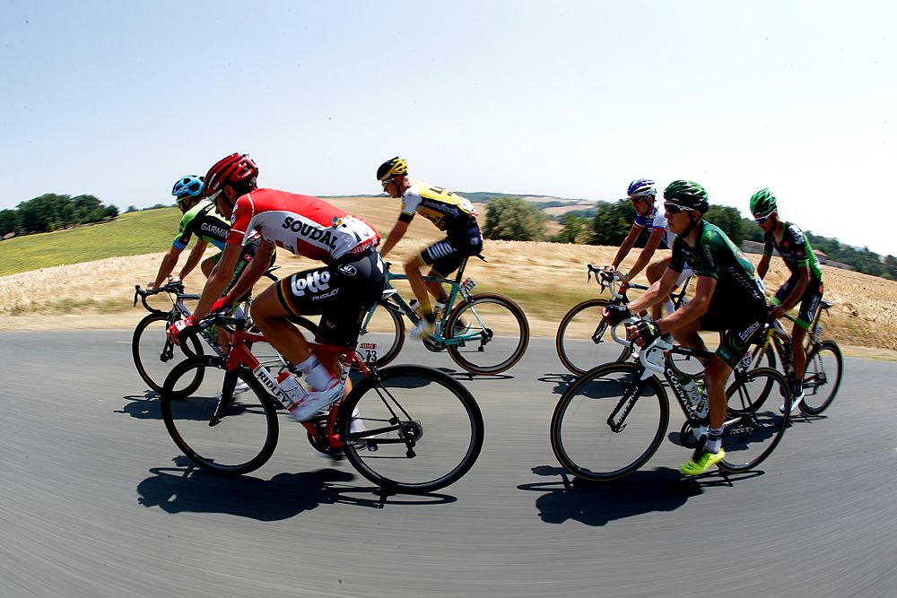 Members of the breakaway group (front to back) Thomas de Gendt of Belgium and Lotto-Soudal, Nathan Haas of Australia and Team Cannondale-Garmin, Cyril Gautier of France and Team Europcar, Wilco Kelderman of the Netherlands and team Lotto NL-Jumbo, Pierre-Luc Perichon of France and Bretagne-Seche Environnement and Alexandre Geniez of France and FDJ