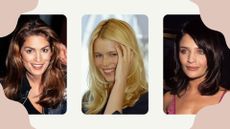 collage of models Cindy Crawford, Claudia Schiffer and Helena Christensen with 90s blowout hair