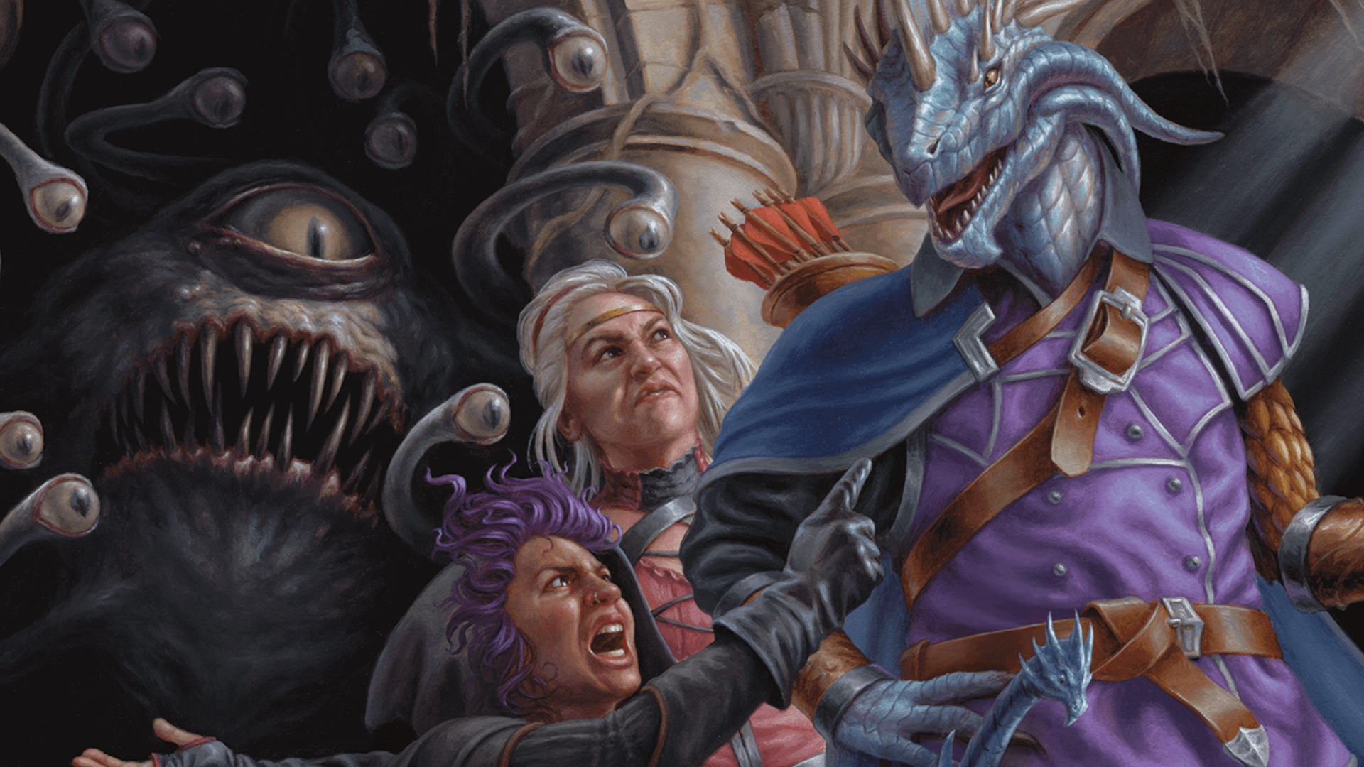 Several adventurers discuss their plan of action while a beholder lurks in the shadows in the Dungeon Master's Guide 2024 for D&D.