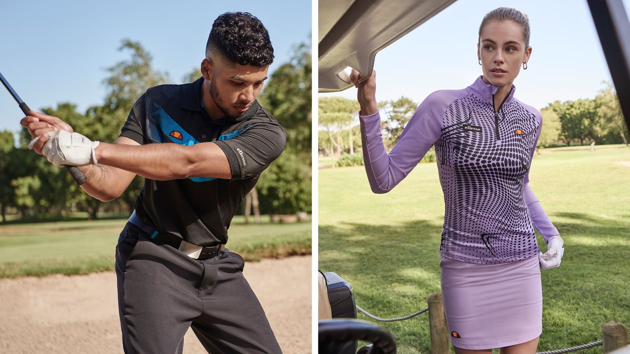 Male and female model on the golf course