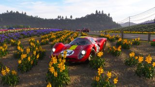 Forza Horizon 6 Petal Power: A front-on view of a classic Ferrari parked in Shikisai-no-Oka flower field.