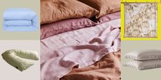 Collage of bedding deals. including a blue striped duvet, V-shaped quilted pillow, tonal pink linen set, botanical patterned duvet, and ruffled pillowcases, against colorful checkered background