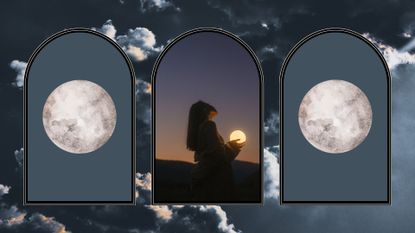 mercury retrograde 2023 feature; a woman holding a circular orb surrounded by 2 pictures of mercury in a grey sky