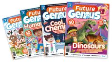 Several different covers of Future Genius, including the special dinosaur edition
