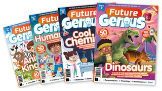 Several different covers of Future Genius, including the special dinosaur edition