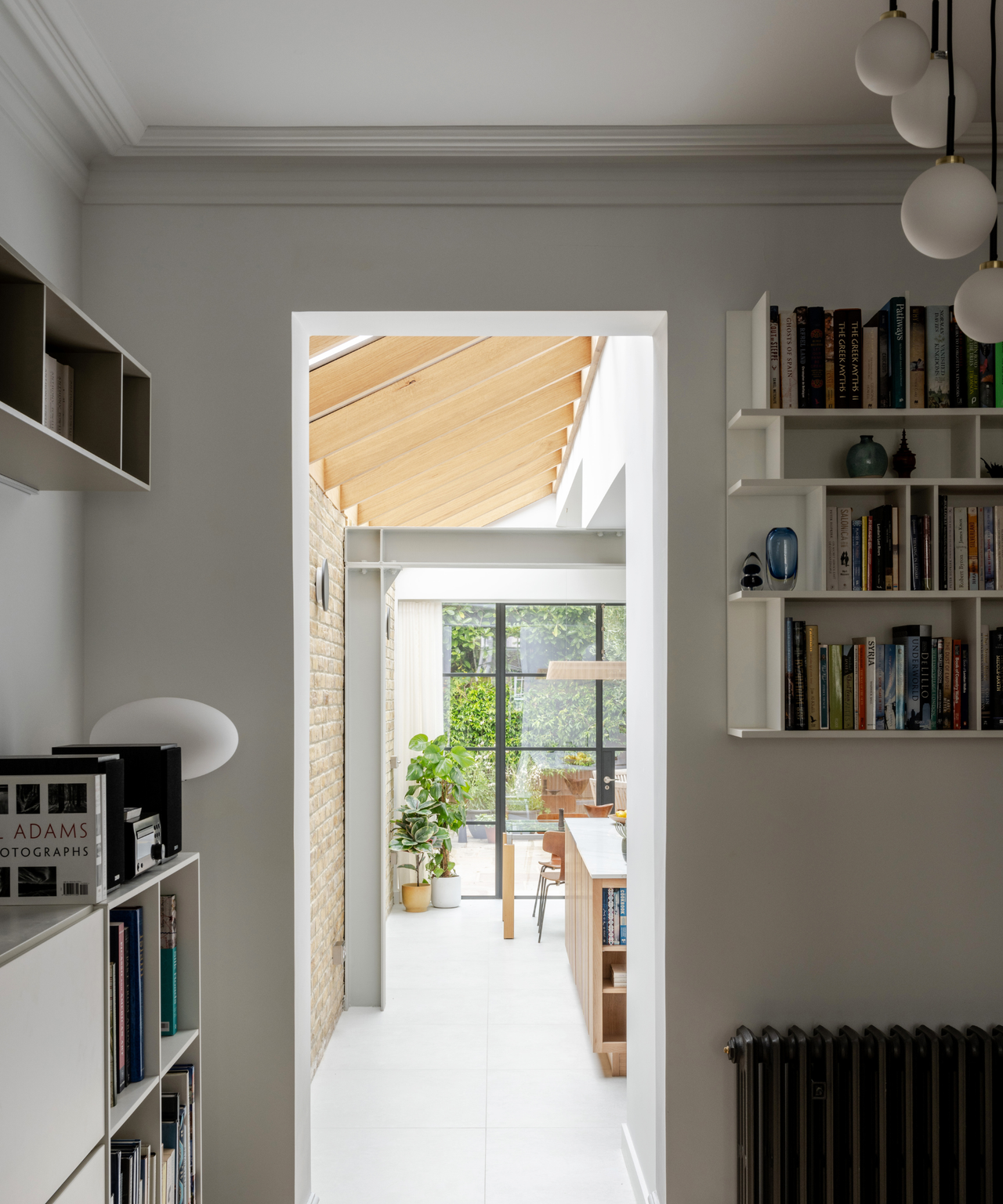 view from a doorway into the kitchen area