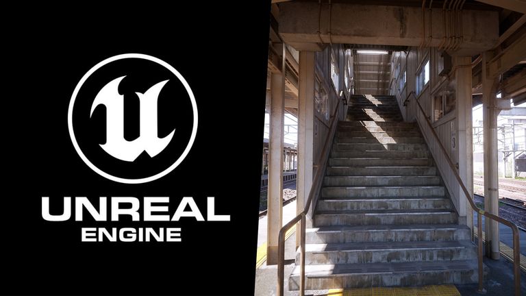 Unreal Engine logo and staircase made in Unreal Engine 5