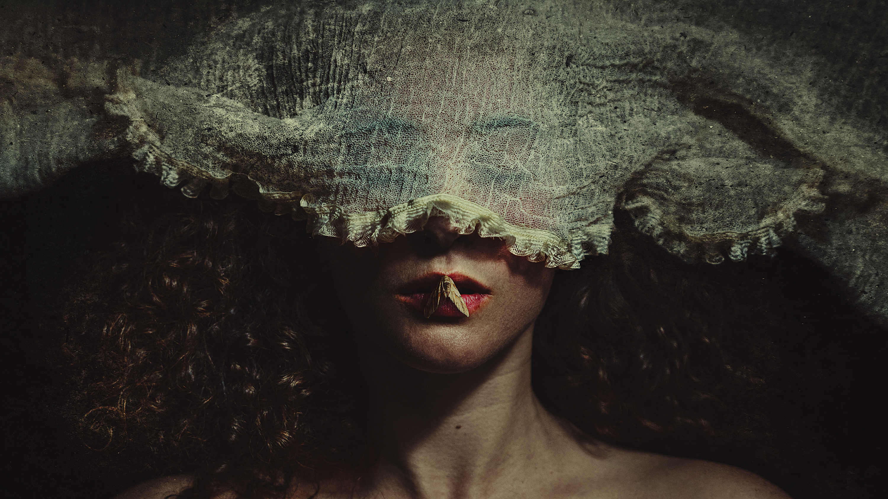 A photograph from Brooke Shaden's portfolio of a woman with her face covered by fabric and a moth on red lips